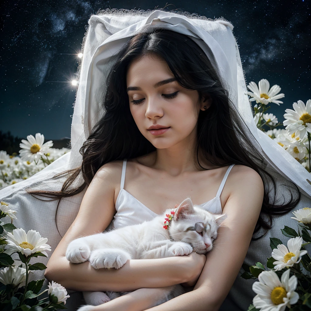 A and a fluffy white kitten, flowers, sleeping, long black hair, night, starry sky