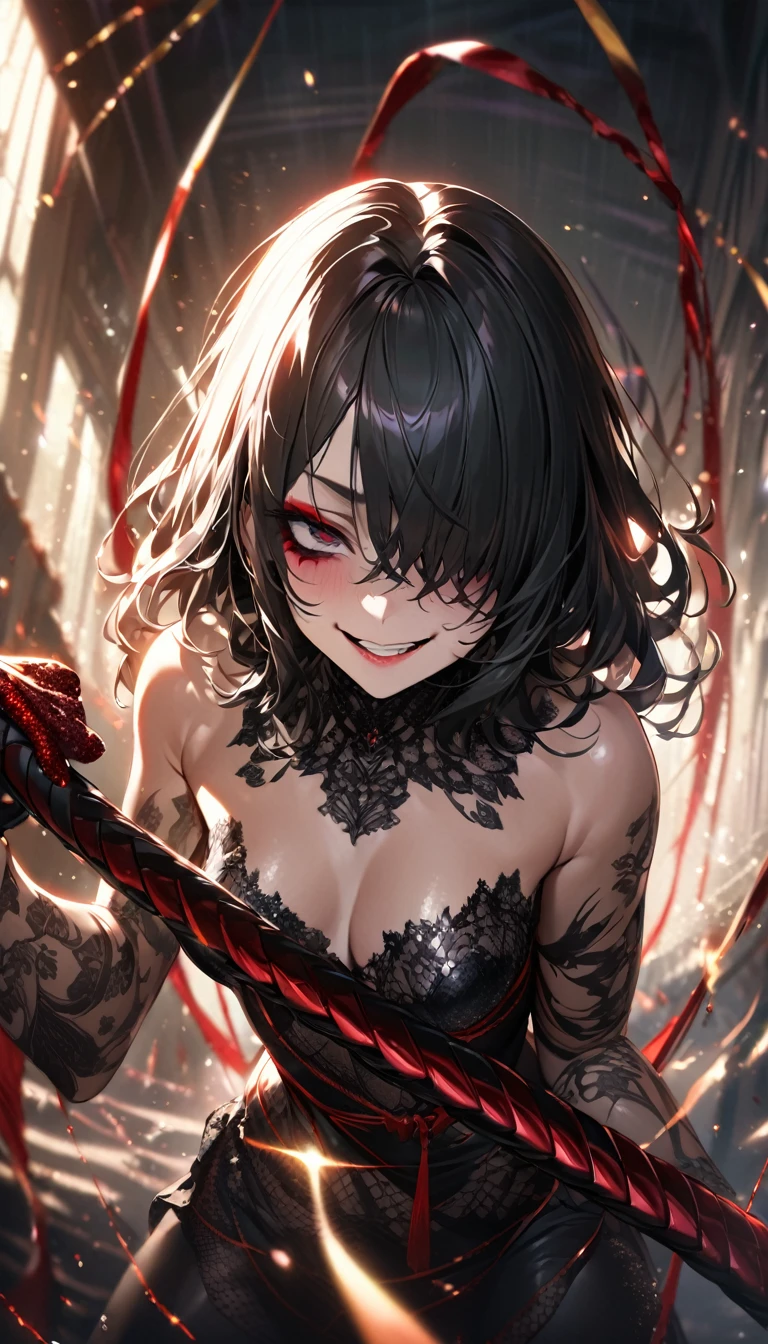 beautiful woman, yandere, hair over one eye, amorous and lewd face, sly, smirking, loud laughter, sadistic, dead eyes, bags under the eyes, makeup, covered in tattoos, great proportion, red thread, gold thread, shiny black rubber, whip, background obscene space, shading effects, gradation magic effects, foggy filter effects, glitter effects, (ultra detailed, absolutely resolution, best quality:1.3), 2.5D, delicate and dynamic, artistic photography, hyper realistic, graphic CG digital art