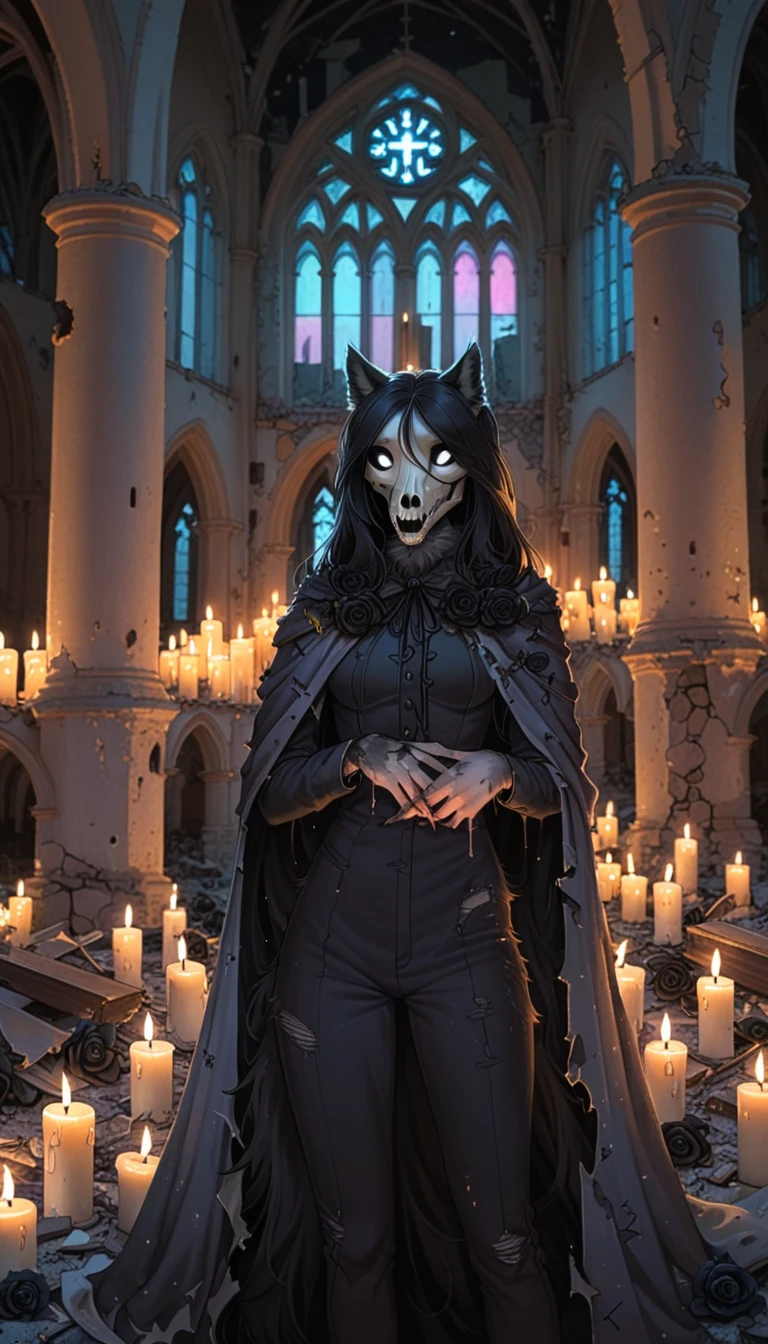 Mammal, Top quality, fullbody, masterpiece, high resolution, detailed body, hi res, absurd res, 1woman, furry, anthro, (SCP-1471, MalO, female, MalO body, Canine scull), (dressed, wear tuxedo, Coat, trousers)),((long Royal fur Mantle:1.5), athletic, black straight hair, long haircut, black fur, detailed fur, cute hands, detailed hands, (ruined church, destroyed church, abandoned church), detailed light, night color pallet, night pastel soft light, candles, holding black rose