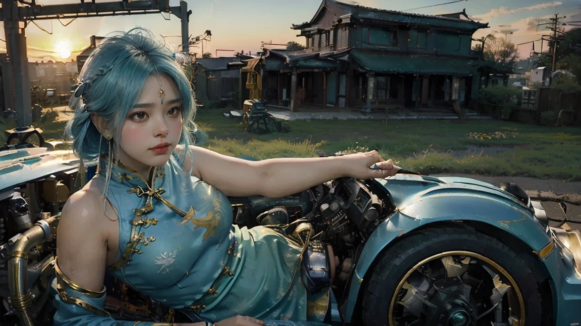 (sunrise:1.5)，Oil painting style,A girl's side,Upper Body,Gold headdress，(Blue Hair:1.2)，(Internal combustion engine in the background:1.5),(Green cheongsam:1.3),(fat face:1.4),(Silver Arm Decoration:1.1),(Longing expression:1.2)