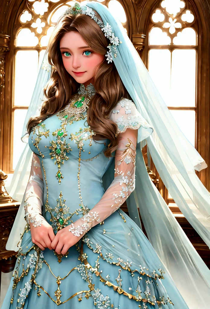 (light brown hair and green eyes_Intricate and delicate details:1.2, shining smile, clear and clean skin), (Wearing a light blue veil and pure white dress_Complex and detailed description:1.2), And a pure white dress, flexible pose, A quiet expression that brings peace (whole body) Near a window where warm sunlight seeps in, (Magnificent and realistic), surreal, Best quality with high resolution,