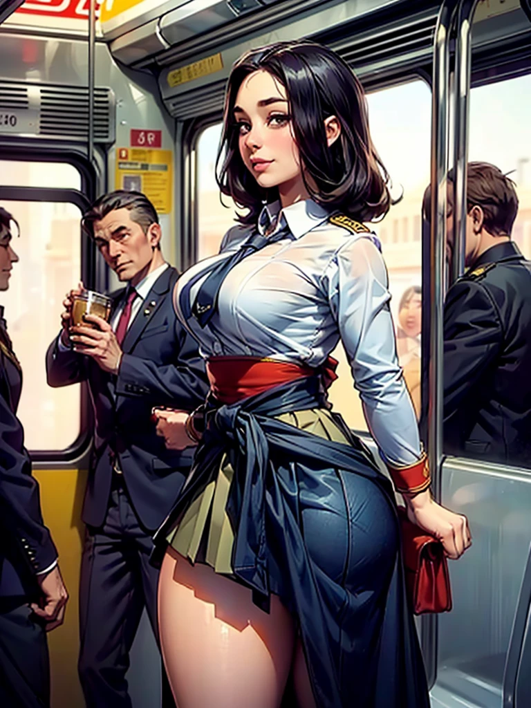 SFW, Realstic, Masterpiece, Detailed scenario of the interior of a VERY congested metro train, VERY crowded inside the metro train Detailed background, debout incroyablement chaud (Femme 1) Utiliser Sexy ((Uniforme scolaire)), (((Skirt raised)), (gros cul), (thick thirst), (Expression de la peur), visage rougi, old little man ass fumbling woman 1 from behind,(((Vieux petit homme pressant sa poitrine sur la femme 1 dos))) et (((holding her waist behind her))) seductive smile, inviting expression, suggestive