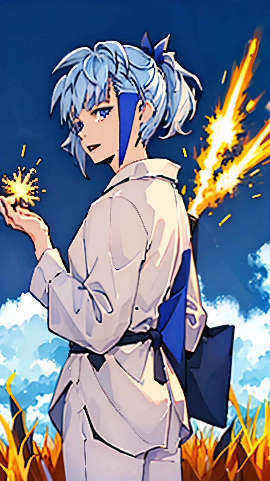 boy、blue yukata、firework、ponytail