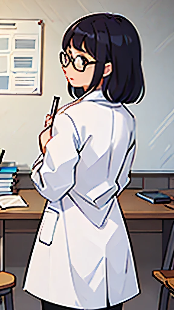 Woman wearing glasses、Wearing a white coat、During class、Turning his back