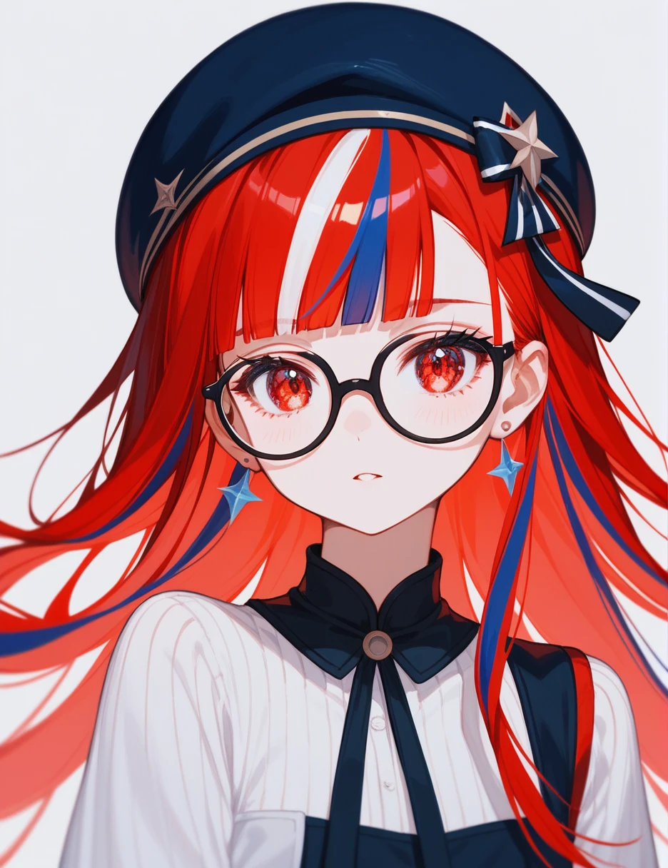 masterpiece, ultra-detailed, highly detailed, best quality, 1girl, looking at viewer, solo, red hair, multicolored hair, streaked hair, hair over shoulder, red eyes, wearing glasses, blunt bangs, hairband, earrings, beret,pastel colors, soft shading, flat color