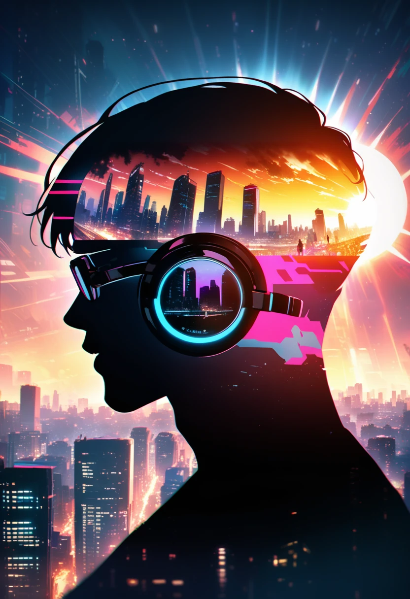 silhouette of a man in profile. short hair, (((sun glasses:1.3))), (headphones:1.3), Inside the silhouette you can see the with a deep cyberpunk, city, supernova explosion, cyberpunk night city back ground(masterpiece), ((double exposure)), proportional.,DOUBLE EXPOSURE
