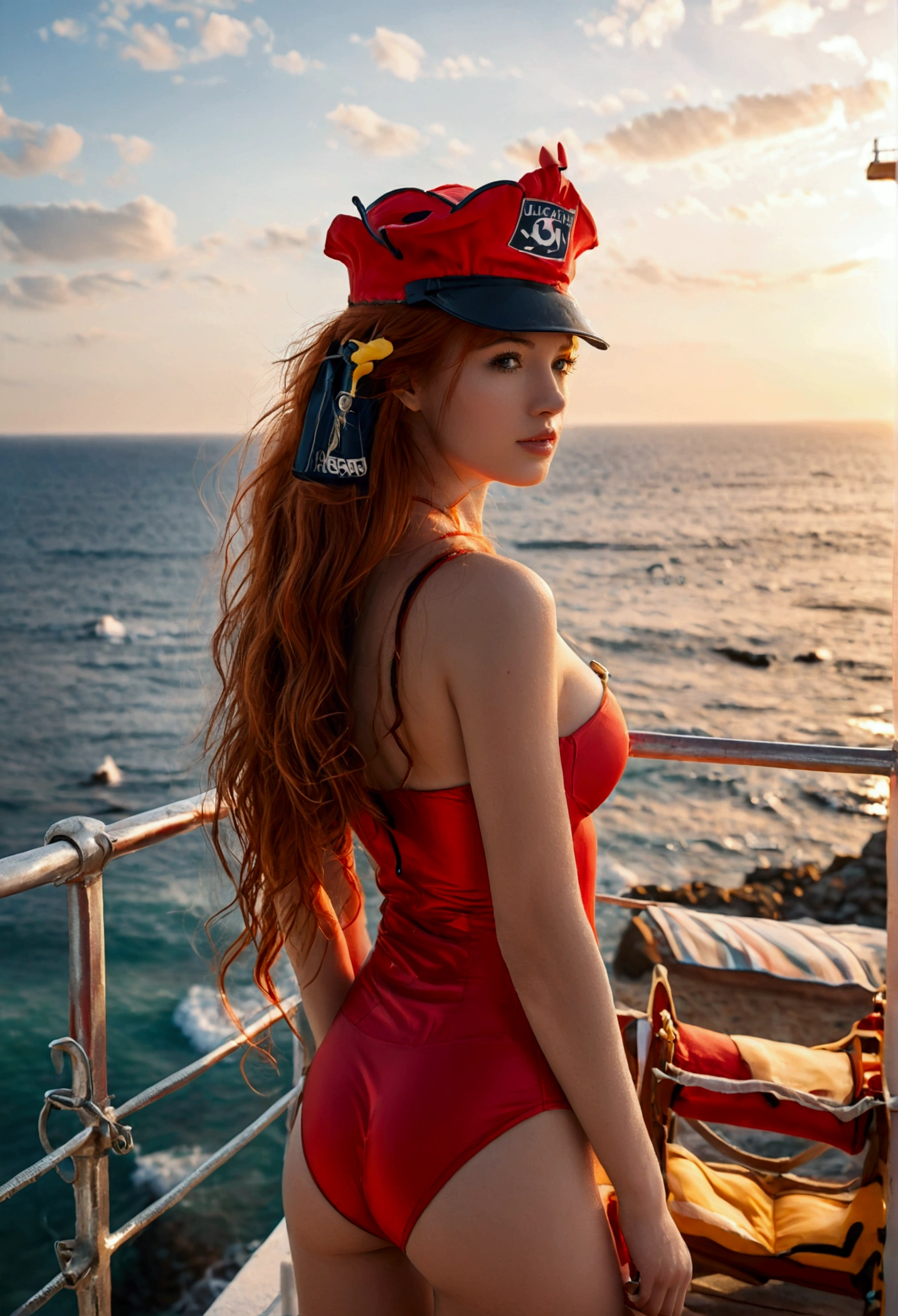 (full body shot:1) photorealistic image of a (standing pose:1) ultrarealistic, photography, long red hair, woman, 24 years old, hourglass figure, perfect body, Flirty look, natural medium breasts, blur background, wearing a red lifeguard costume, standing on a watchtower and is looking into the sea, side view, sideview