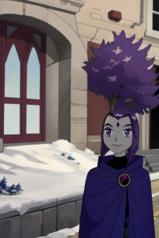 RavenTT, purple eyes,purple hair, red jewel in forehead, grey skin,blue cloak, blue cape, cape over body, body covered, solo, purple hair. Purple eyes, smile, best quality, masterpiece,