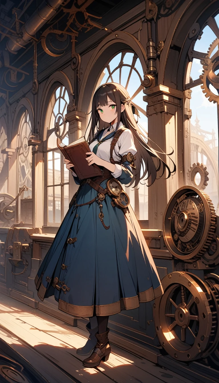 ((best quality)) , ((masterpiece)) , (detailed),A beautiful school girl, with a white shirt and navy blue skirt, long hair with bangs, green eyes, holding books in her hands, standing by the window on a sunny day, with a happy facial expression, in a full body shot, in the style of Makoto Shinkai.,(steampunk style . antique, mechanical, brass and copper tones, gears, intricate, detailed)