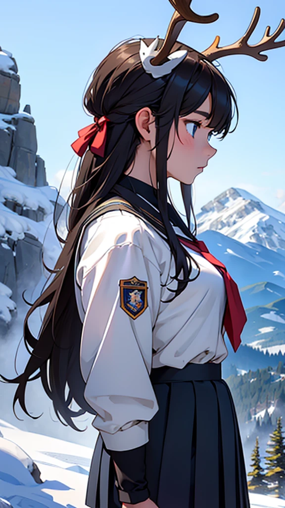 High school girl with a moose head、uniform、big antlers、Standing on the mountain top、profile、One person、Close-up、focused shot