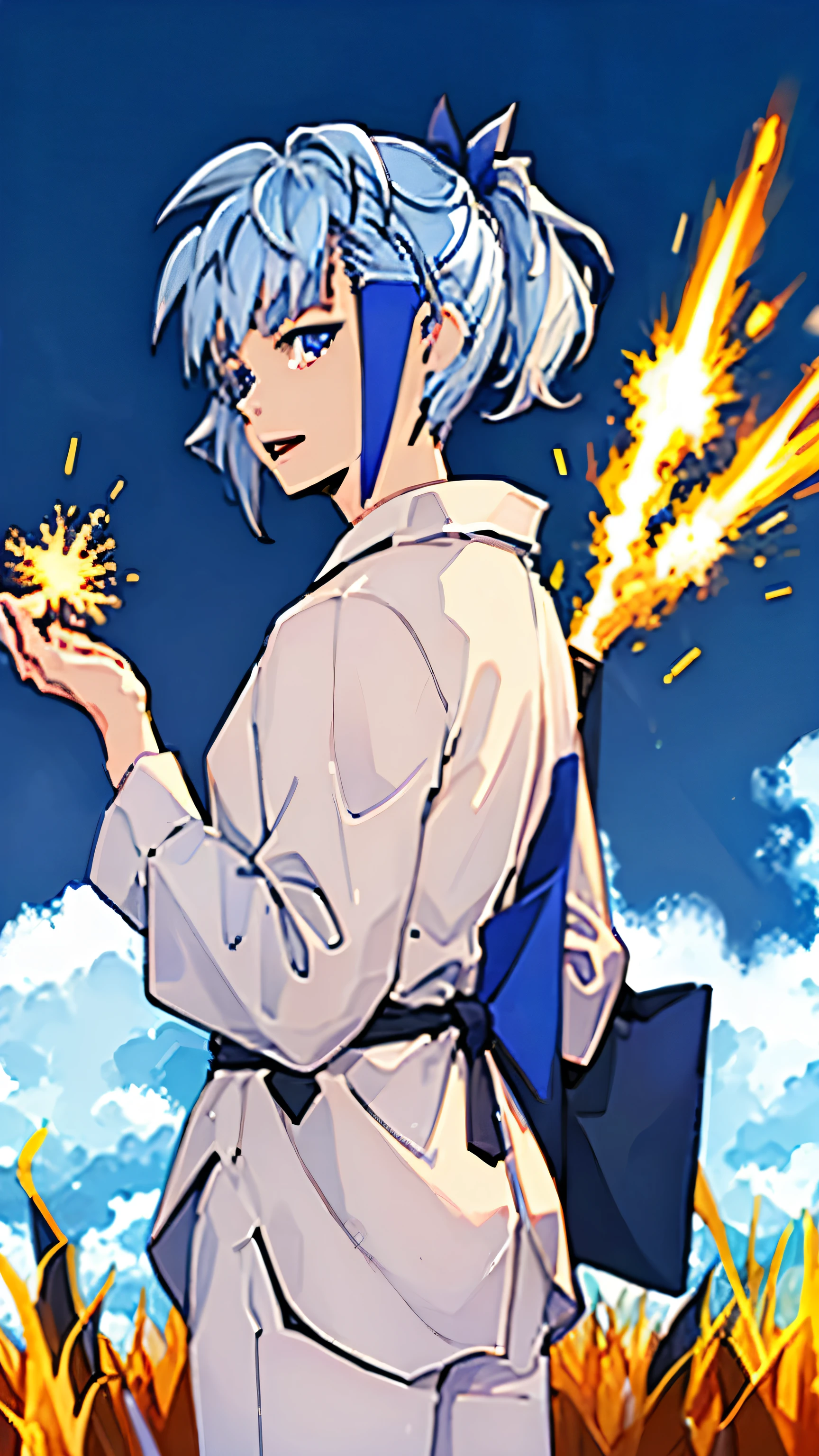 boy、blue yukata、firework、ponytail