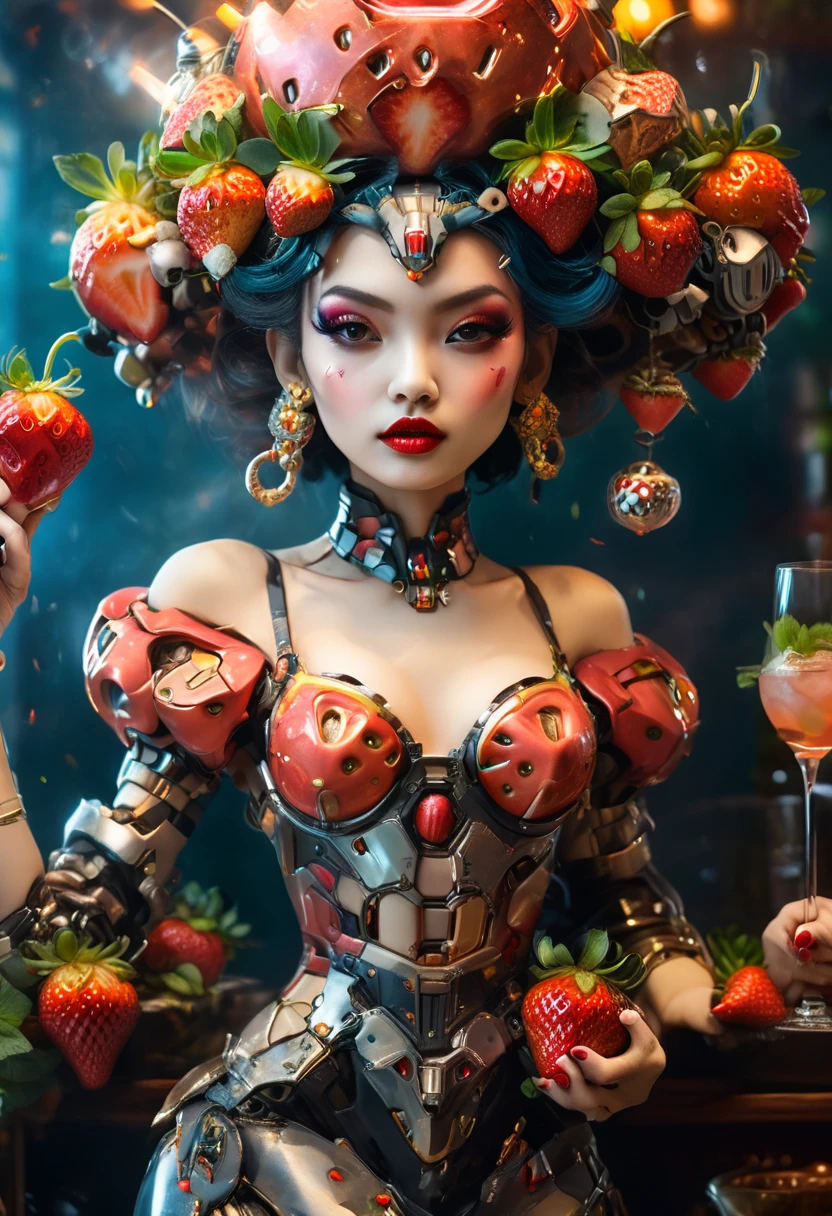 a portrait of  an exotic, elegant beautiful mecha woman eating an epic, (legendary strawberry: 1.3) in cocktail party , ((full body: 1.5)), ((anatomically correct: 1.5)), (ultra detailed face: 1.2), dynamic eye color, glowing eyes, dynamic hair color, dynamic hair style dynamic skin complexion, wearing 1960's glamour intricate dress, high. fashion dress, dynamic color dress , wearing high heels, cocktail party background, vibrant, Ultra-high resolution, High Contrast, (masterpiece:1.5), highest quality, Best aesthetics), best details, best quality, highres, 16k, (ultra detailed: 1.5), masterpiece, best quality, (extremely detailed) RAW, (ultra details, Masterpiece, best quality), Hyperrealism style, MechanicusStyleAI, 