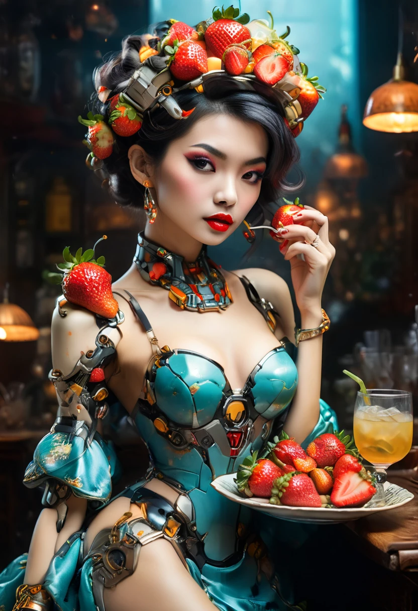 a portrait of  an exotic, elegant beautiful mecha woman eating an epic, (legendary strawberry: 1.3) in cocktail party , ((full body: 1.5)), ((anatomically correct: 1.5)), (ultra detailed face: 1.2), dynamic eye color, glowing eyes, dynamic hair color, dynamic hair style dynamic skin complexion, wearing 1960's glamour intricate dress, high. fashion dress, dynamic color dress , wearing high heels, cocktail party background, vibrant, Ultra-high resolution, High Contrast, (masterpiece:1.5), highest quality, Best aesthetics), best details, best quality, highres, 16k, (ultra detailed: 1.5), masterpiece, best quality, (extremely detailed) RAW, (ultra details, Masterpiece, best quality), Hyperrealism style, MechanicusStyleAI, 