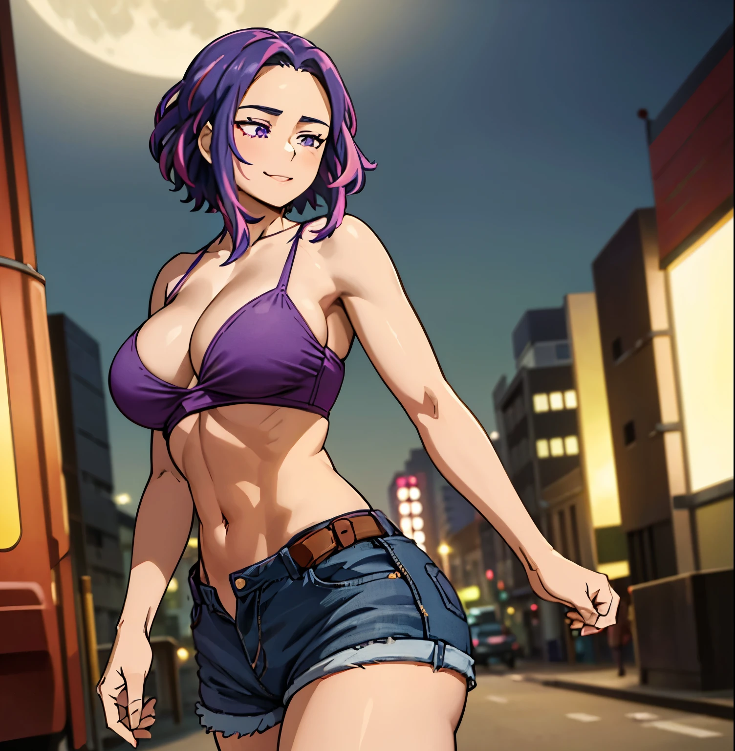 ((1girl)),((alone)),lady nagant,(masterpiece), (best quality), (ultra detailed), (best illustration), (best shadow), (absurdities), sharp focus, cowboy shot ,atmospheric perspective, depth of field, dynamic posture facing the viewer, large breasts, narrow waist, wide hips, wide thighs, round butt, erotic, romantic, (highly detailed eyes, lips 1.1), highly detailed eyes:1.4, eyes, Very detailed face, Very beautiful face, full height, beautiful curvy figure, femininity, expressive appearance, elastic big breasts, sexuality, Nagant, mature woman, purple hair, purple eyes, multi-colored hair, short hair, hair with highlights, pink hair , medium hair, bicolor hair, defined body, underwear, shorts, panties, breasts, open fly, ribbon, navel, large breasts, purple camisole, cleavage, smile, panties with bow, two sides up, abdomen, unbuttoned, pants black shorts, open shorts, denim, unbuttoned, Perfect and beautiful body, perfect and beautiful, closed mouth, smile, happy smile, blushing, (sexy pose: 1.2), ((only)), standing: 1.3, ((outside) on streets: 1, 5, city view: 1.5, streets: 1.5, city lights: 1.5, moon: 1.3, night: 1.4, metropolis: 1.4), looking back, from back,((focus on ass:1.4 )), point of view:(from below), perfect anatomy, perfect hands