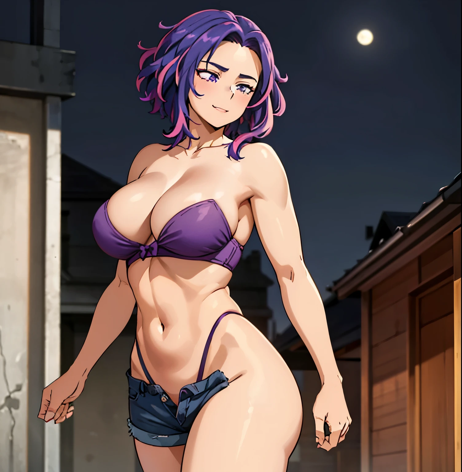 ((1girl)),((alone)),lady nagant,(masterpiece), (best quality), (ultra detailed), (best illustration), (best shadow), (absurdities), sharp focus, cowboy shot ,atmospheric perspective, depth of field, dynamic posture facing the viewer, large breasts, narrow waist, wide hips, wide thighs, round butt, erotic, romantic, (highly detailed eyes, lips 1.1), highly detailed eyes:1.4, eyes, Very detailed face, Very beautiful face, full height, beautiful curvy figure, femininity, expressive appearance, elastic big breasts, sexuality, Nagant, mature woman, purple hair, purple eyes, multi-colored hair, short hair, hair with highlights, pink hair , medium hair, bicolor hair, defined body, underwear, shorts, panties, breasts, open fly, ribbon, navel, large breasts, purple camisole, cleavage, smile, panties with bow, two sides up, abdomen, unbuttoned, pants black shorts, open shorts, denim, unbuttoned, Perfect and beautiful body, perfect and beautiful, closed mouth, smile, happy smile, blushing, (sexy pose: 1.2), ((only)), standing: 1.3, ((outside) on streets: 1, 5, city view: 1.5, streets: 1.5, city lights: 1.5, moon: 1.3, night: 1.4, metropolis: 1.4), looking back, from back,((focus on ass:1.4 )), point of view:(from below), perfect anatomy, perfect hands