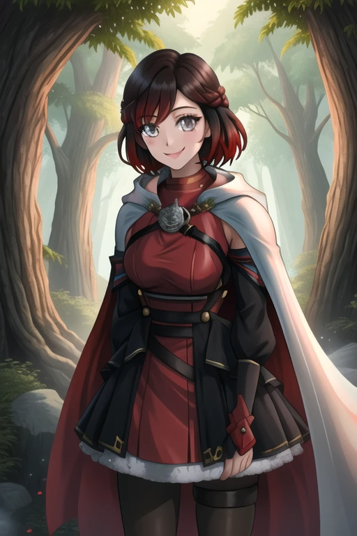 srwby, short hair, black hair, red hair, white cloak, white cape, gradient hair, grey eyes, smile, standing, Solo, 1girl, Looking at viewer, Masterpiece, Best Quality, forest