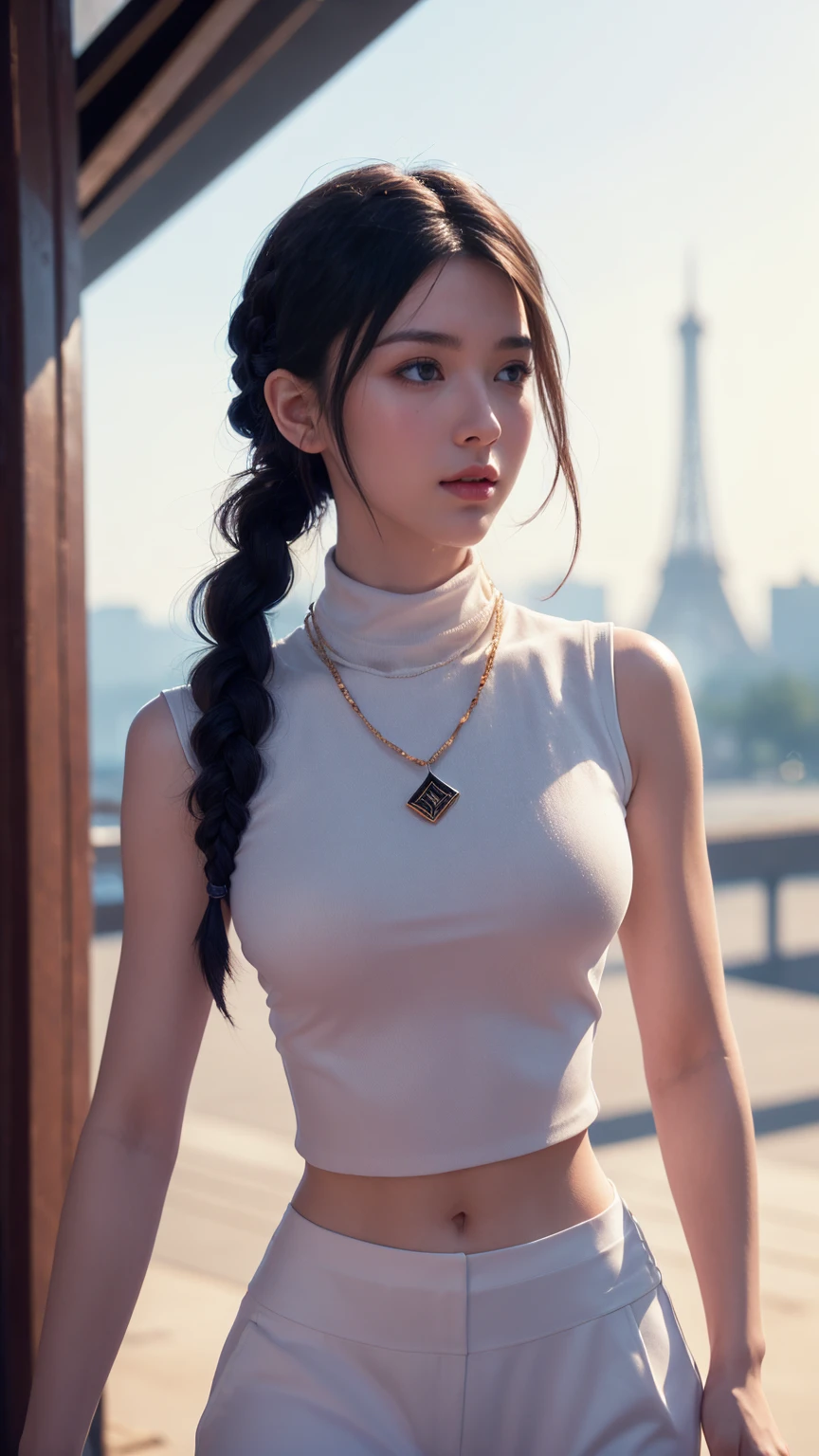 ((Close up)), ((Paris Olympic background)), ((Full body)), (((perfect anatomy))),(((Ulzan 6500))),Dynamic portraits, A stunning intricate full color portrait of (sks woman:1), wearing a white sleeveless turtleneck with cropped in the belly part, cropped turtleneck, pants, cool girl, dark plain background, epic character composition, by ilya kuvshinov, alessio albi, nina masic, sharp focus, natural lighting, subsurface scattering, f1.8, 35mm, film grain, black voluminous hair inspired by Pharah Overwatch, (((white braided hair))), side-swept bang, best hair, candid, looking away