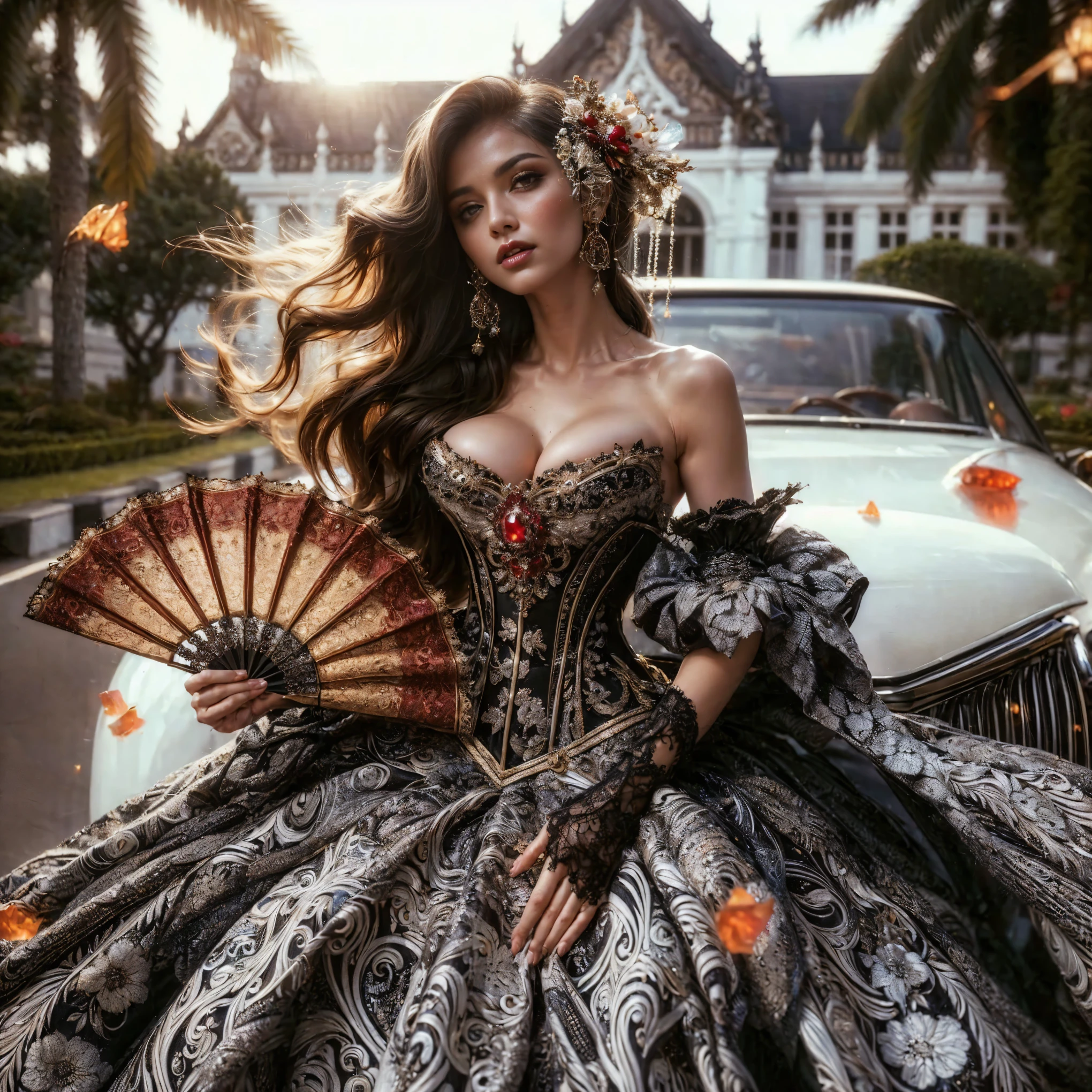 arafed woman with bustier gigantic veiny breast in a corset and dress in front of a building, wearing an ornate outfit, ornate dress, intricate dress, elegant corset, ornate and elegant, extravagant dress, inspired by Hedi Xandt, ornate attire, intricate outfit, ornate royal gown, ornate clothing, ornate gown, intricate and elegant, intricate detailed dress, ornate , royal dress, masterpiece, best quality:1.2),,(8k,highres,RAW photo,realistic,photo-realistic:1.3),(detailed skin texture,detailed cloth texture,beautiful detailed face:1.25),professional lighting,photon mapping,beautiful soft light,radiosity,physically-based rendering,raytracing, model shoot style, model shoot style, (extremely detailed CG unity 8k wallpaper), full shot body photo of the most beautiful artwork in the world,