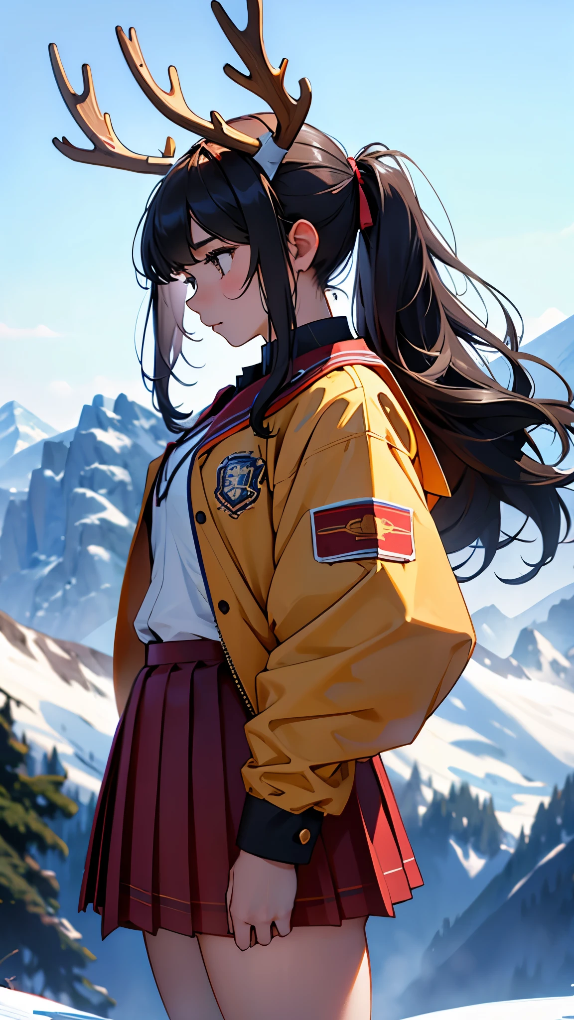 High school girl with a moose head、uniform、big antlers、Standing on the mountain top、profile、One person、Close-up、focused shot