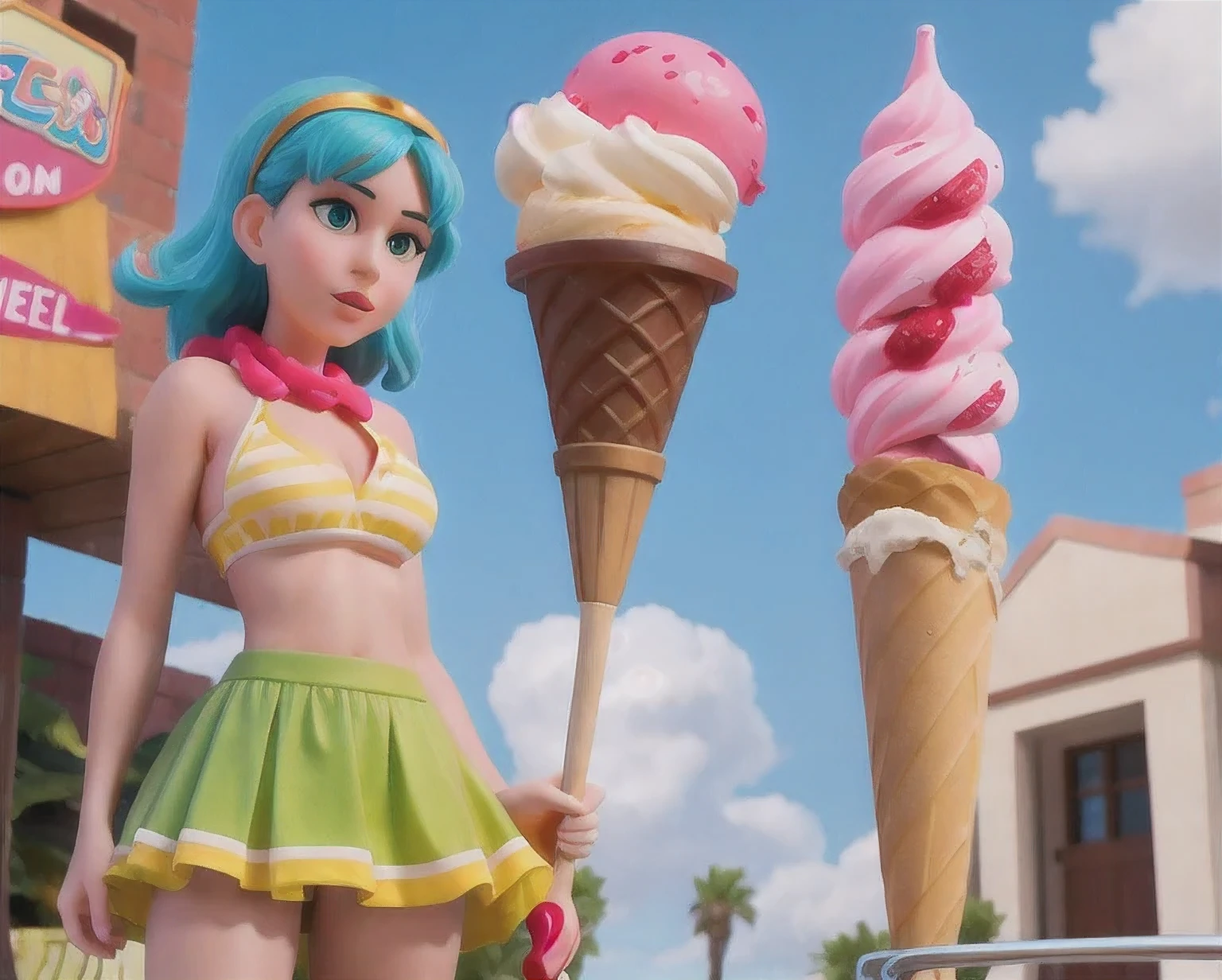 girl in a bikini eating an ice cream cone, eating ice cream, in a bikini, angela white, giorgia meloni, katy perry, in bikini, eating ice - cream, wearing spandex bikini, ice cream on the side, bikini, ice cream, wearing a bikini, candid photo of dirty, shiny plastic bikini, candid shot, cone, 1 girl, solo,in a green dress standing by a wall,portrait of female idol