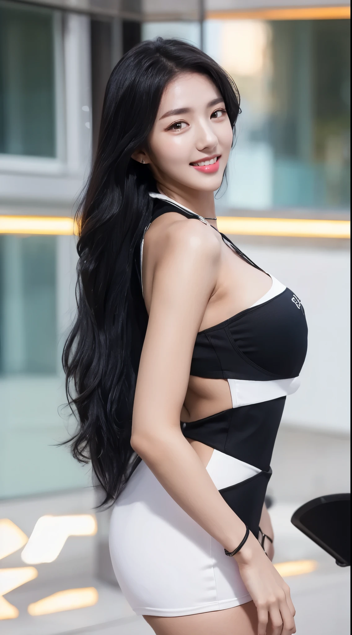 girl medium breast close shot foto, 1girl black hair, perfect white teeth,((look at viewer))