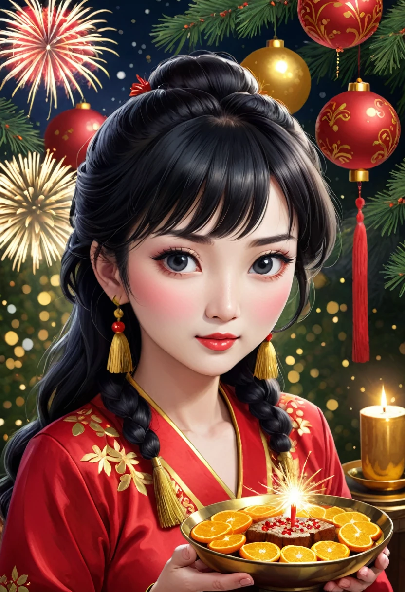 Traditional New Year&#39;s Lantern Festival in East Asian Homeland, Floating lantern river, Mountain silhouette in the background, full moon, Family Gatherings, (Traditional Costume:1.2) (Soft Ambient Light) (Colorful lanterns glowing) (Serene atmosphere) (4K resolution)、Panda and beauty２People looking at smartphones