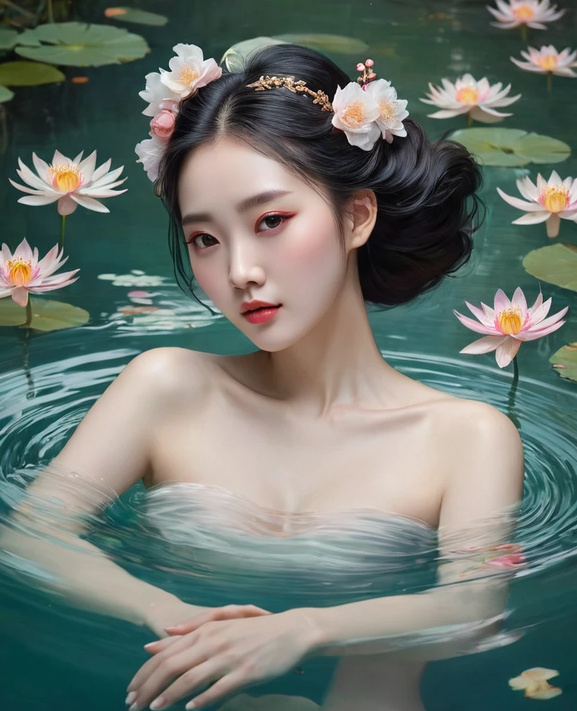 a painting of a woman floating in the water with flowers in her hair and a, by Liu Jun, floating in perfume, by Hong Ren, by Wen Jia, by Chen Lu, by Li Tang, by Song Xu, by Qian Xuan, by Ai Xuan, by Yanjun Cheng, by Qian Gu, by Zhou Chen, beautiful aesthetic art, by Xie He, by Yang J, by Wen Zhenheng, by Shang Xi, ophelia, inspired by Yanjun Cheng, by Ruan Jia