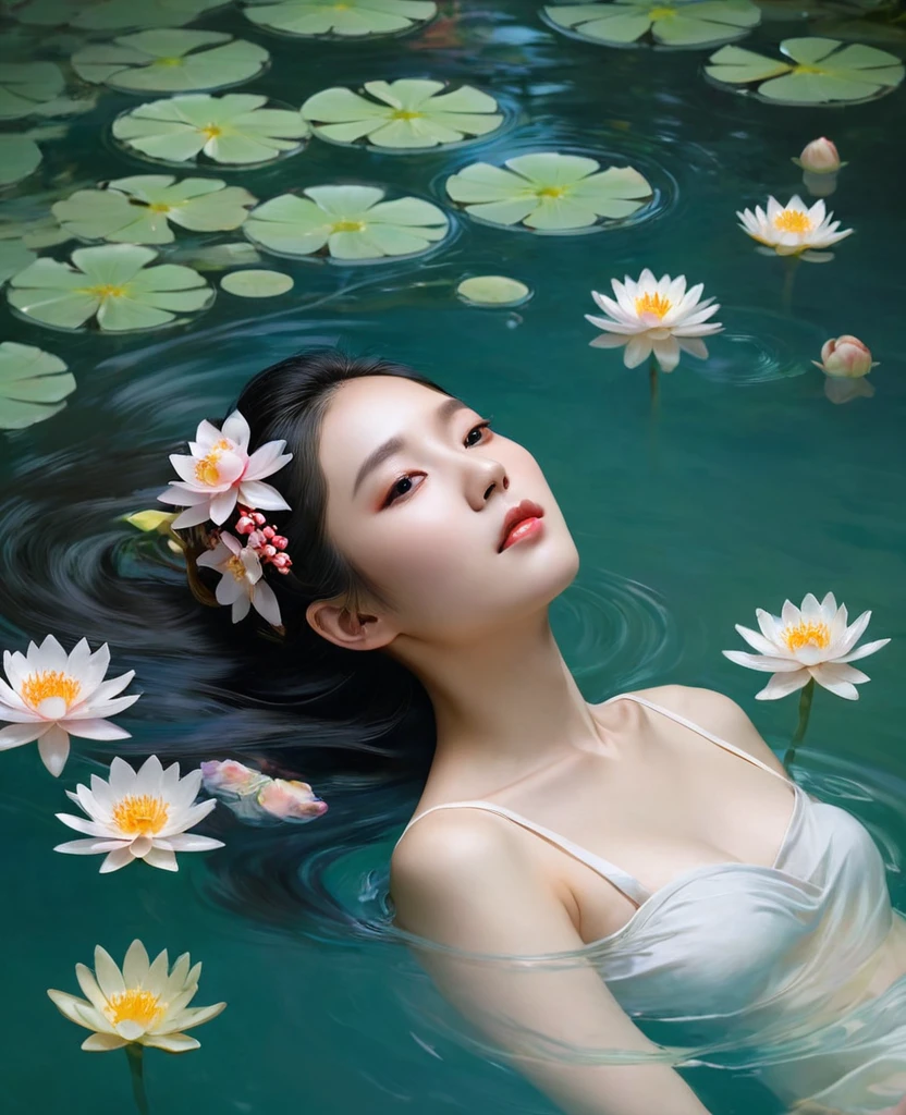 a painting of a woman floating in the water with flowers in her hair and a, by Liu Jun, floating in perfume, by Hong Ren, by Wen Jia, by Chen Lu, by Li Tang, by Song Xu, by Qian Xuan, by Ai Xuan, by Yanjun Cheng, by Qian Gu, by Zhou Chen, beautiful aesthetic art, by Xie He, by Yang J, by Wen Zhenheng, by Shang Xi, ophelia, inspired by Yanjun Cheng, by Ruan Jia