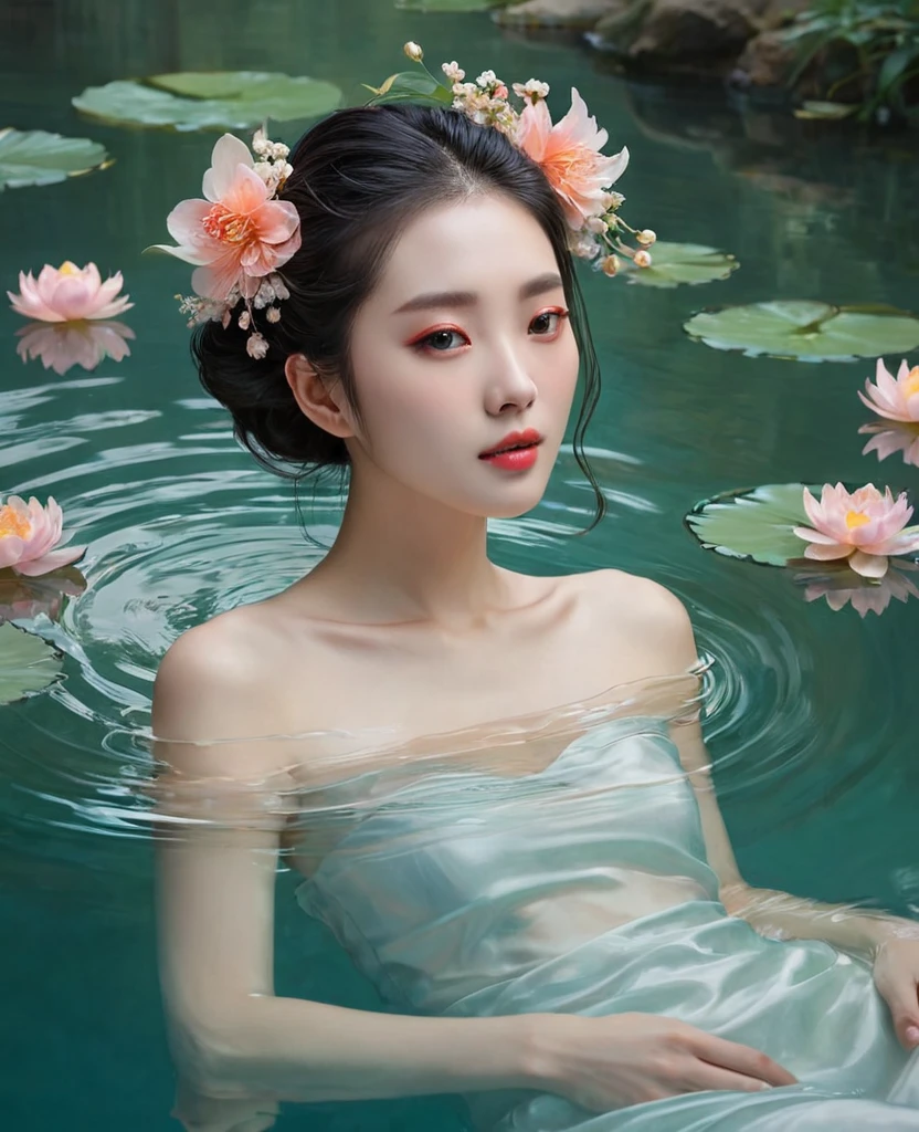 a painting of a woman floating in the water with flowers in her hair and a, by Liu Jun, floating in perfume, by Hong Ren, by Wen Jia, by Chen Lu, by Li Tang, by Song Xu, by Qian Xuan, by Ai Xuan, by Yanjun Cheng, by Qian Gu, by Zhou Chen, beautiful aesthetic art, by Xie He, by Yang J, by Wen Zhenheng, by Shang Xi, ophelia, inspired by Yanjun Cheng, by Ruan Jia