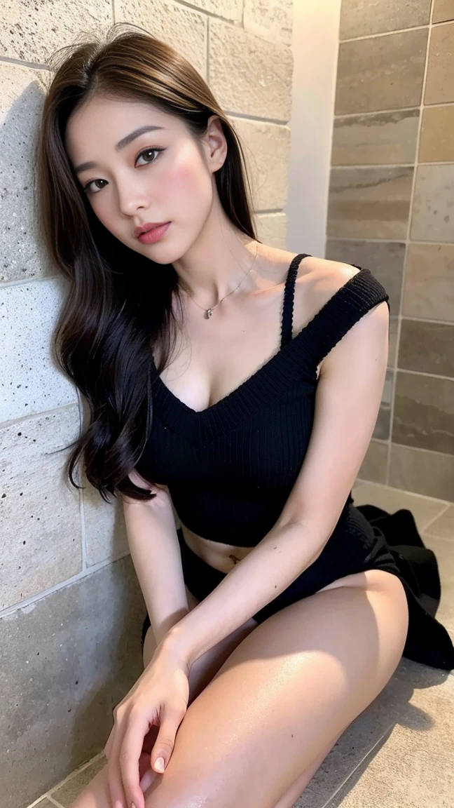 dark brown hair、Light brown eyes、Japanese actress、Lady、I am about 40 years old...、(My NTR More about my category:1.2)、(top-qual私ty:1.4)、 (Ultra-high resolution:1.2)、Ultra-high resolution、(Private Detective Data)、(Detailed facial features)、Hmph、8K resolut私on、D cup breasts、Long Hair、Obscene pose、Beautiful feet、Leaning against a wall、Bend only one leg、stretched one leg、Please lift your chin up a little、Expressions of sadness、、black one piece、A refreshing bathroom bathed in morning sunlight、2Booklegs、2Book Hand、Beautiful feet、White knitted crop top、White marble wall、