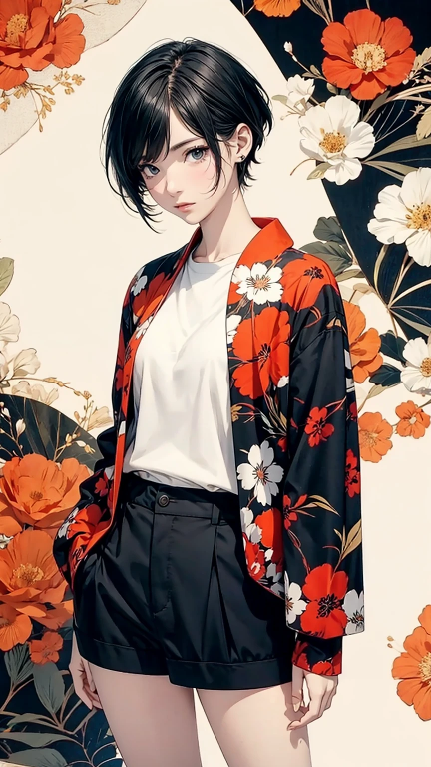 Top view, Woman with asymmetrical short hair, Hands in pockets, Coordination of Japanese patterned blouson and micro mini shorts:1.2, Petal Collage, abstract design, artistic juxtapositions, And handle background, warm color, mixed-media approach, Anime Style, Simple lines, Digital Painting, (masterpiece, High resolution, Highest quality)