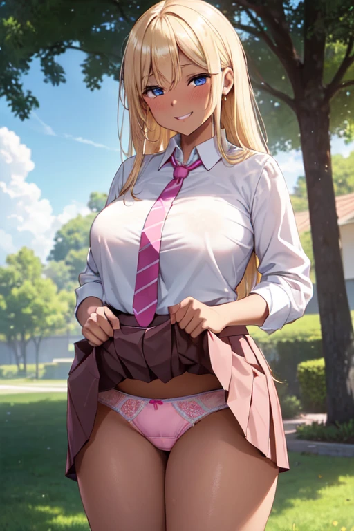 (High quality, High resolution, Fine details), evening sun, blouse, necktie, Skirts, (skirt lift front), (Panty Shot), pink underwear, Standing, solo, curvy adult women, Blond hair, sparkling eyes, (Detailed eyes:1.2), grin, blush, Sweat, Dark Skin, Oily skin, Soft tones, shallow depth of field