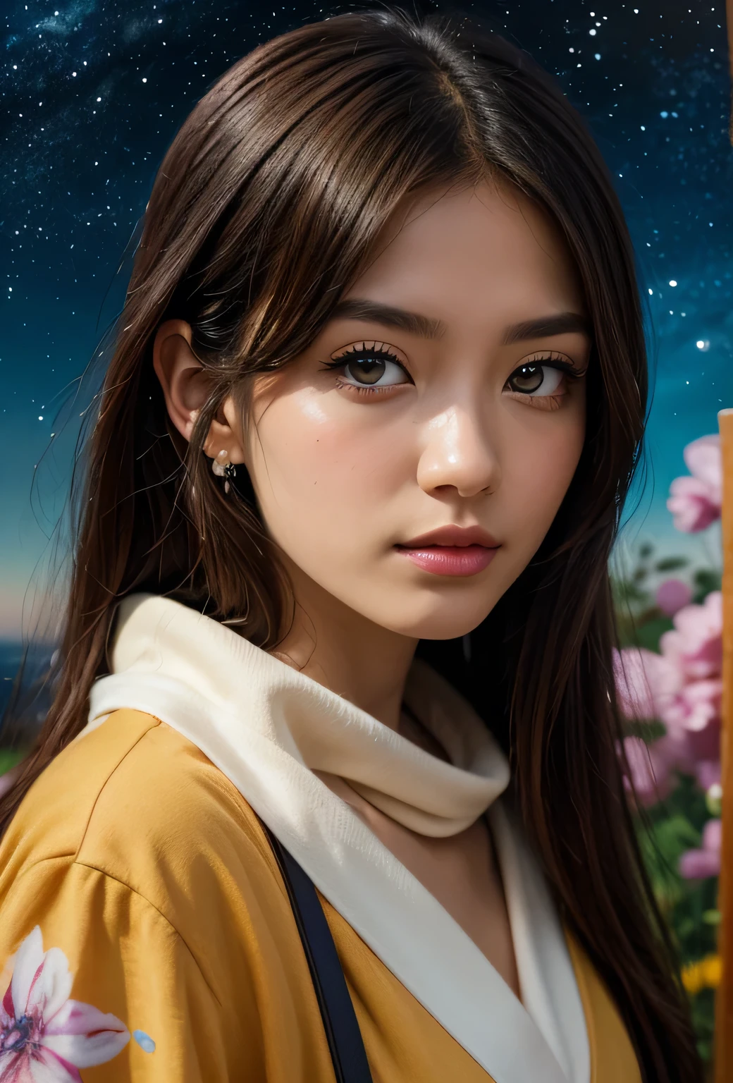 Close-up shot, an Anime  wearing a white glass , standing on the land,night view ,Many stars on the night sky,The Milky Way ,colorful flowers,headshot close-up, oil painting style, very obvious oil painting strokes, impressionist palette style, 32k uhd, beautiful, booru, Old time, color cartoon --ar 3:4 --