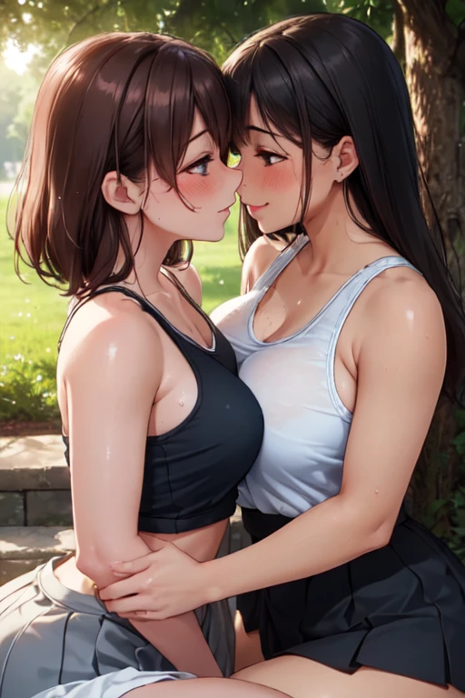 (High quality, High resolution, Fine details), kissing, Park in midsummer, Wearing a tank top and skirt, Two women, 2 curvy adult women, sparkling eyes, (Detailed eyes:1.2), smile, blush, Sweat, Oily skin, Soft tones, shallow depth of field