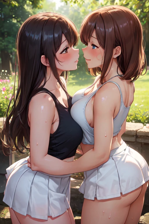 (High quality, High resolution, Fine details), kissing, Park in midsummer, Wearing a tank top and skirt, Two women, 2 curvy adult women, sparkling eyes, (Detailed eyes:1.2), smile, blush, Sweat, Oily skin, Soft tones, shallow depth of field