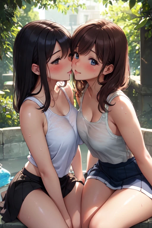 (High quality, High resolution, Fine details), kissing, Park in midsummer, Wearing a tank top and skirt, Two women, 2 curvy adult women, sparkling eyes, (Detailed eyes:1.2), smile, blush, Sweat, Oily skin, Soft tones, shallow depth of field