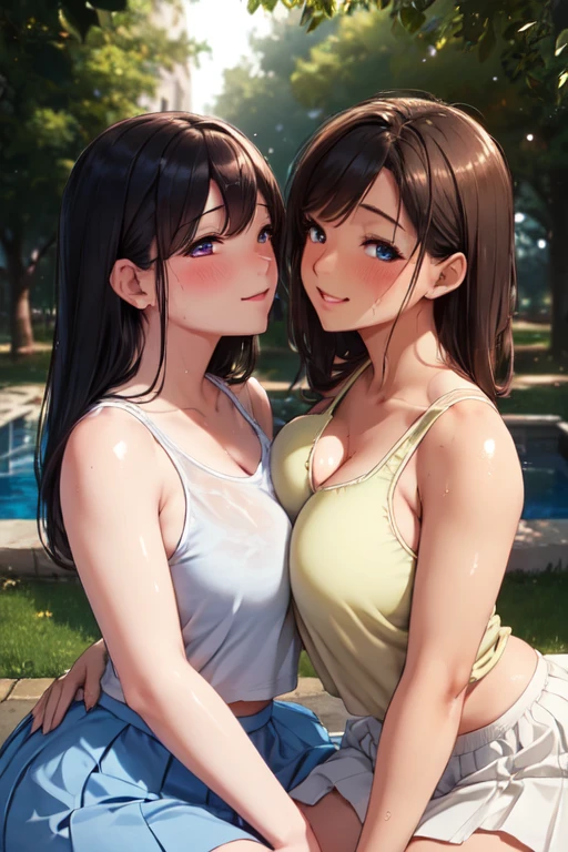 (High quality, High resolution, Fine details), kissing, Park in midsummer, Wearing a tank top and skirt, Two women, 2 curvy adult women, sparkling eyes, (Detailed eyes:1.2), smile, blush, Sweat, Oily skin, Soft tones, shallow depth of field