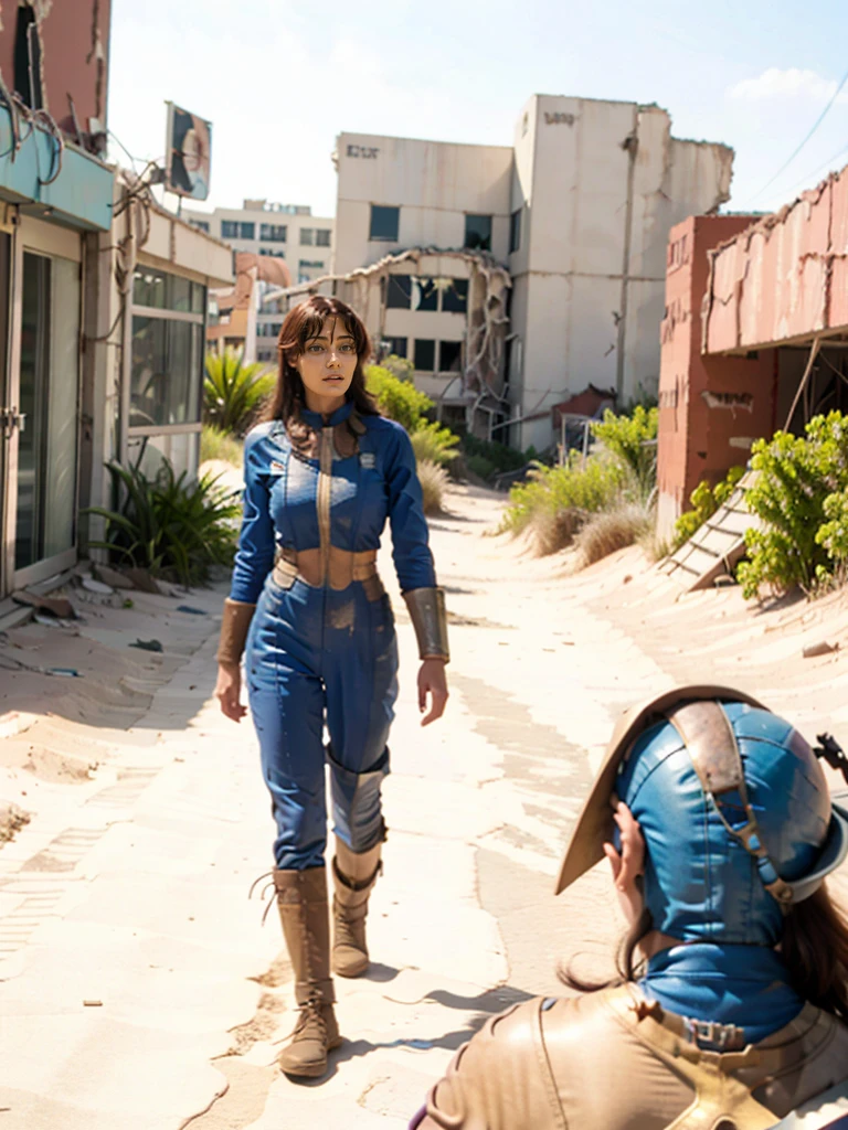 There is an 18 year old girl wearing a blue and gold vaultsuit -Vaultsuit Lucy- walking through a ruined city holding a large fallout gun, in a post-apocalyptic Las-Vegas city, destroyed casino buildings, (overgrown with vegetation), helicopter crash wreak, old rusty 1950's American cars, dead deathclaw mutants vegetation next to buildings. professionally color graded, professional photography, well drawn, masterpiece, hyper realistic, ultra detailed, high quality, best quality, 4k, 8k, raw, detailed