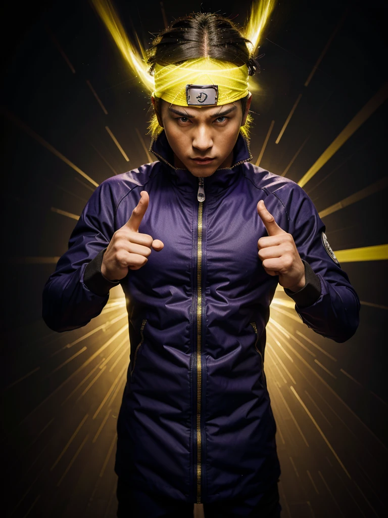 hyper realistic, very detailed, Naruto from Naruto Shippuden doing his special move “Rasengan”. This character is depicted with a light muscular body, wearing a yellow jacket and konoha headband. A ball of wind energy came out of his hand, showing movement and power. This image may be of interest to fans of the Naruto Shippuden series, the dark background is decorated with geometric elements, neon purple triangles, neon green circles. surrealism style