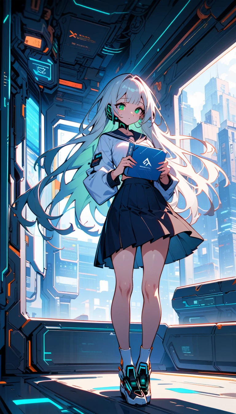 ((best quality)) , ((masterpiece)) , (detailed),A beautiful school girl, with a white shirt and navy blue skirt, long hair with bangs, green eyes, holding books in her hands, standing by the window on a sunny day, with a happy facial expression, in a full body shot, in the style of Makoto Shinkai.,(cybernetic style. futuristic, technological, cybernetic enhancements, robotics, artificial intelligence themes)
