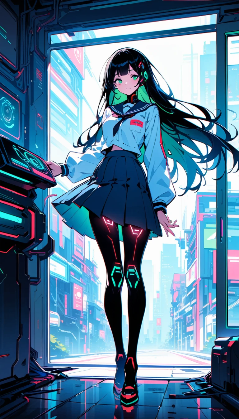 ((best quality)) , ((masterpiece)) , (detailed),A beautiful school girl, with a white shirt and navy blue skirt, long hair with bangs, green eyes, holding books in her hands, standing by the window on a sunny day, with a happy facial expression, in a full body shot, in the style of Makoto Shinkai.,(cybernetic style. futuristic, technological, cybernetic enhancements, robotics, artificial intelligence themes)