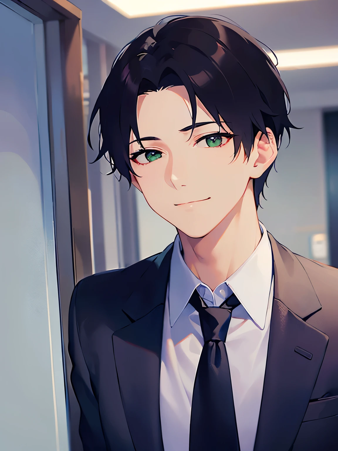 Close-up of your face、shiny skin, masterpiece、Highest quality、(25-year-old male:1.5) and (Brown short hair) and (Green Eyes), BREAK (Wearing a navy blue suit:1.3) and (Blue tie) BREAK、Are standing、(Sad smile:1.5)、Background is an office room、(Alone:1.5)、Upper body is shown、