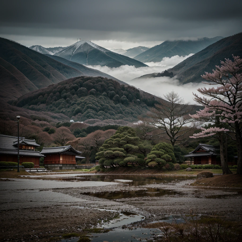 A landscape with cold, rainy and beautiful atmosphere in Japan