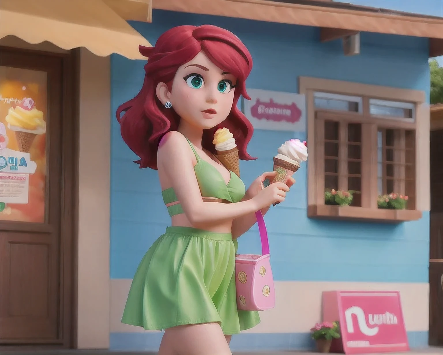 girl in a bikini eating an ice cream cone, eating ice cream, in a bikini, angela white, giorgia meloni, katy perry, in bikini, eating ice - cream, wearing spandex bikini, ice cream on the side, bikini, ice cream, wearing a bikini, candid photo of dirty, shiny plastic bikini, candid shot, cone, 1 girl, solo,in a green dress standing by a wall,portrait of female idol