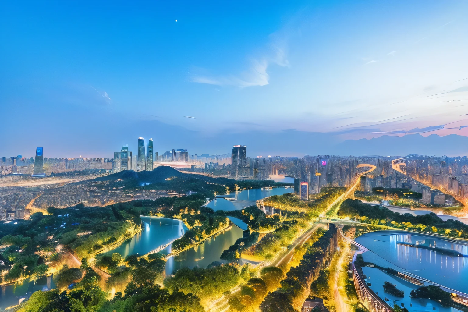 arafed view of a City with a river and a park at night, Shenzhen, Hangzhou, super wide view of a Cityscape, City twilight landscape, City, Photos taken during Blue Hour, Wide-angle lens, Wide-angle lens, Wide-angle lens, wide view, drone view of a City, view, ByBernardino Mei, Blue Hour Photography