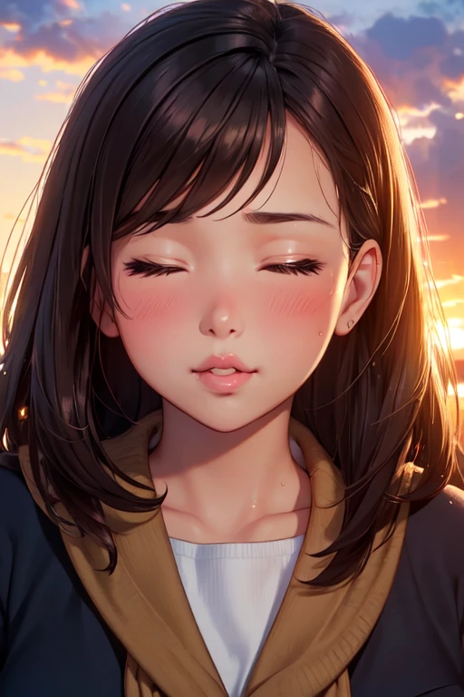 (High quality, High resolution, Fine details), Sunset, (close-up face:1.2), romantic mood, warm lighting, warm color tones, solo, School uniform, curvy women, (Closing eyes), (kissy face and lips), blush, Sweat, Oily skin, shallow depth of field