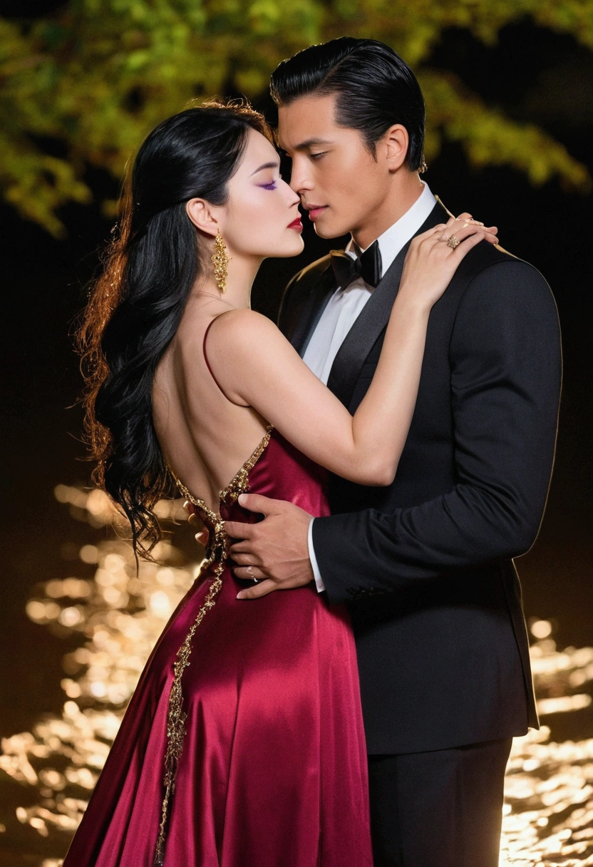 Affectionate and affectionate, This couple is a sight to behold in a sensual and seductive moonlit scene. The Woman, Her long, Her black hair cascading down her back like a nighttime waterfall and her captivating purple eyes., Sparkling golden details、She wore a heavenly dark satin red dress., Creates a sophisticated atmosphere. Her lips are glossed to reflect the color of the moon., Her slim figure is accentuated by the slim cut of the dress..
the man, Equally impressive, Hall々It stands tall with a strong presence., His short black hair accentuates his sharp features.. His piercing green eyes, Decorated