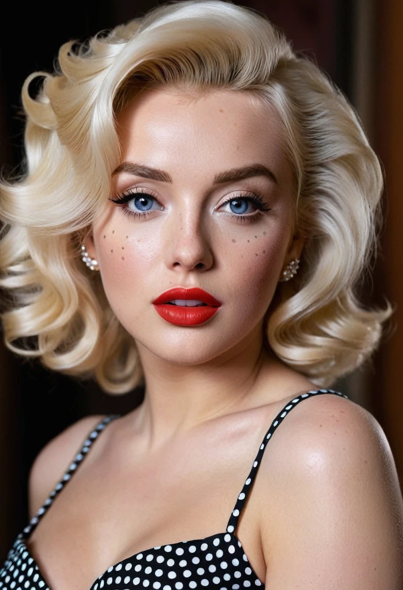 Extremely detailed, very realistic, very sharp, hyperrealistc, hyper realistic, best quality, 23 y.o blonde woman,from holland, beautiful makeup, wearing dot dress, 35mm, Anastasia Ovchinnikova, holland, Marilyn Monroe look alike, longer face, beautiful eyes,wide eyes, longers face, big lips, tanned skin, long hair,
