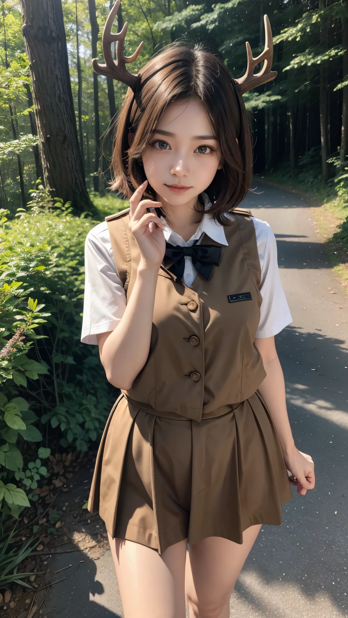 Walking in the forest、Short brown hair、uniform、Woman with deer antlers、Dynamic pose、solo