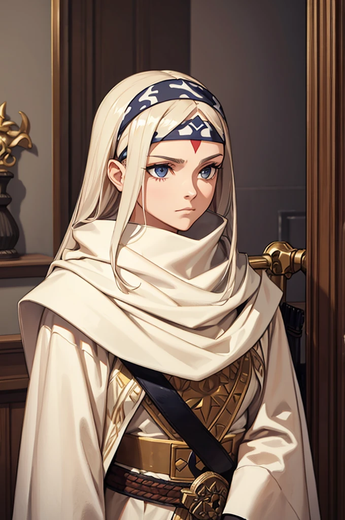 A woman with long hair, wearing a cowl and a headband on her forehead, standing in a small room, guarding and protecting the area, watching intently, with a sword on her back, detailed art work